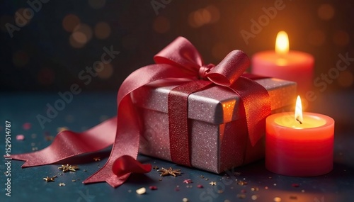Luxury present, shimmering ribbon, flickering candle glow, party, shimmer