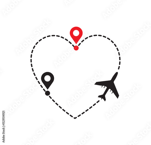 Airplane Travel Path with Red and Black Destination Map Pins
