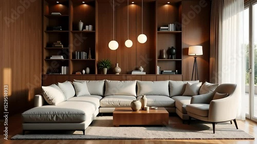 Wallpaper Mural Modern Luxury Living Room with Wood Panel Walls and Minimalist Lighting Torontodigital.ca