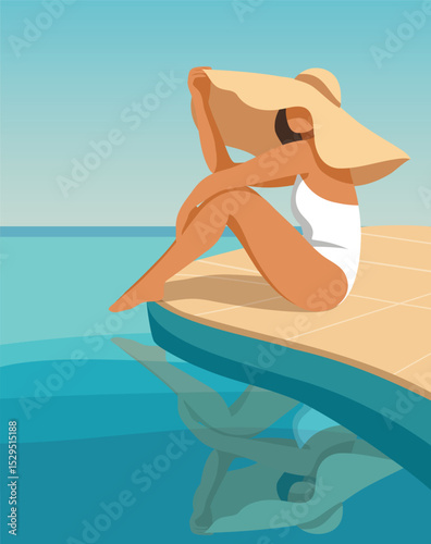 Vector illustration of woman on vacation, in swimsuit and hat, sitting, sunbathing by the pool. Flat illustration of summer vacation, beach, sun. For tourism and travel projects