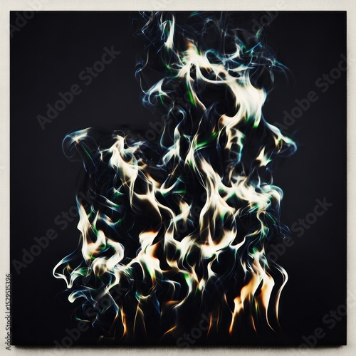 Abstract Chaotic Dance Of Flames: Blue Green And White Fire On Black Background