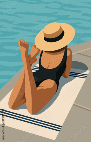 Vector illustration of woman on vacation, in swimsuit and hat, sunbathing by the pool. Flat illustration summer vacation, relaxation, beach, sun. For tourism and travel projects