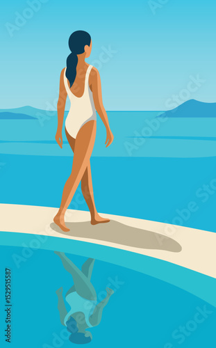 Vector illustration of a woman on vacation in summer, in a swimsuit, walking along the pool with a view of the sea. Flat illustration sea, beach, sun. For projects in the field of tourism and travel