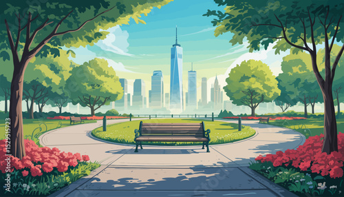 City Park with Bench and Skyscrapers