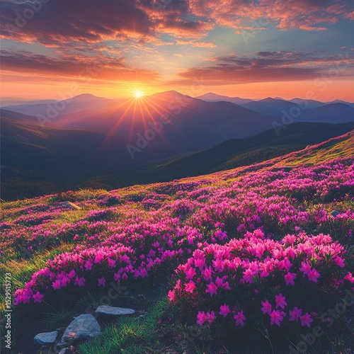 Picturesque summer sunset with rhododendron flowers. Location place Carpathian mountains, Ukraine, Europe. Vibrant photo wallpaper. Image of gorgeous pink flowers. Discover the beauty of earth.