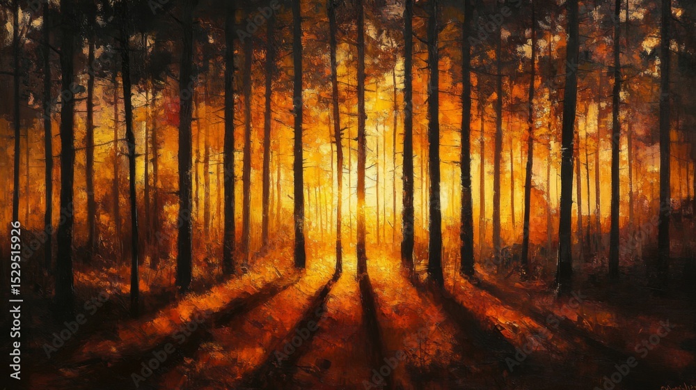 Obraz premium Golden Sunset in a Dark Forest