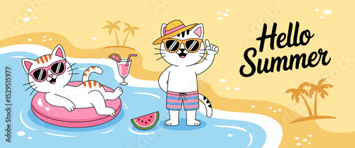 Summer Cats Enjoying Beach with Drinks