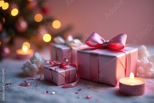 Pastel gifts, satin bows, flickering candlelight, romantic, glow