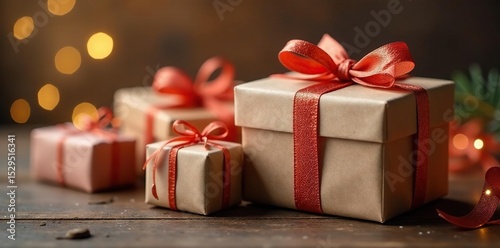 Several shiny gift boxes, rustic twine, gentle light , handmade, elegant