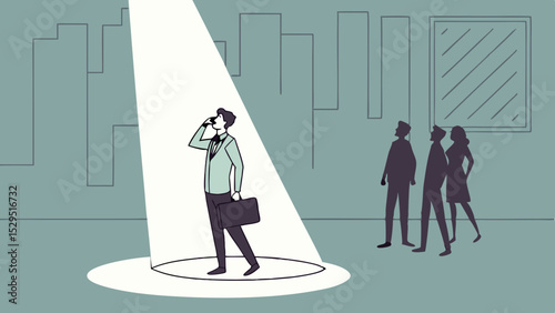 SVG Vector businessman stands in spotlight, confidently looking up while three silhouettes observe him