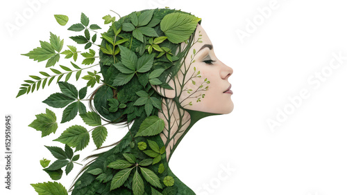 Profile of a Woman with Lush Green Leaves as Hair and Body, conceptual image symbolizing nature - AI generated