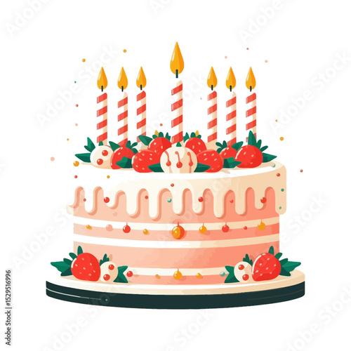 festive birthday cake, adorned with lit candles, strawberries, and sprinkles. Perfect for websites and blogs celebrating birthdays, parties, special occasions, desserts, bakeries, and events.