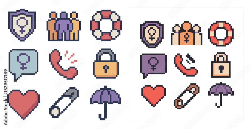 Fototapeta premium Gender equality pixel art icons set - diversity, inclusion, empowerment symbols