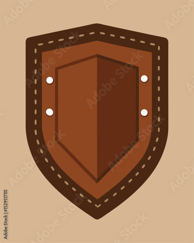 Stylized brown shield with stitched border vector illustration for security concepts