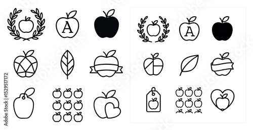 Apple outline icons set – silhouette, linear, fruit and produce symbols