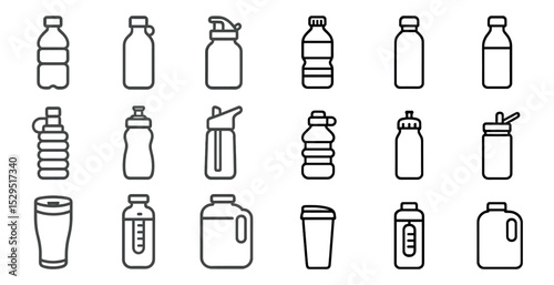 Water bottle outline icons set – linear, hydration, reusable container symbols