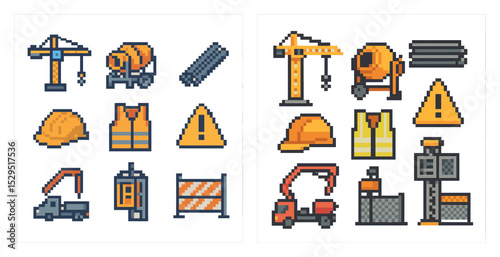 Construction equipment pixel art icons set – building, outline, hard hat symbols