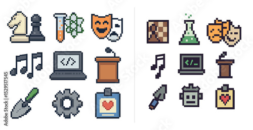 Entertainment and hobbies pixel art icons set – gaming, leisure, and fun symbols