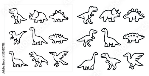 Dinosaur outline icons set – linear, line, prehistoric and ancient creature symbols
