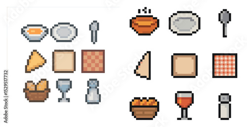 Food and dining pixel art icons set – outline, culinary, kitchen symbols