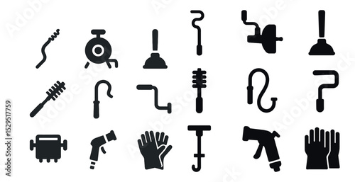 Plumbing tools solid icons set – flat, filled, repair and maintenance symbols