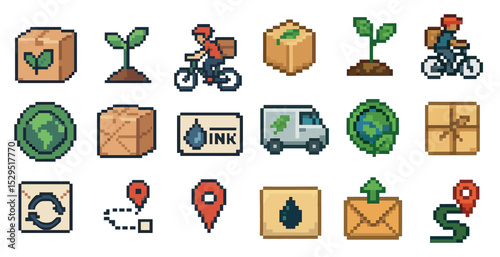 Eco-friendly delivery pixel art icons set – environmental, sustainable, green