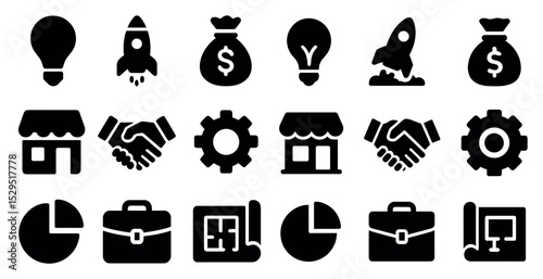 Business and startup silhouette icons set – solid, filled, enterprise and innovation symbols