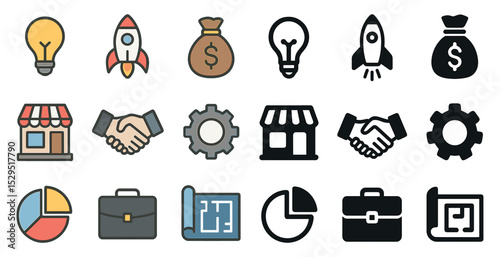 Business and startup icons set – filled, solid, commerce and innovation symbols