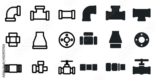 Industrial valve and pipe solid icons set – filled, silhouette, plumbing symbols