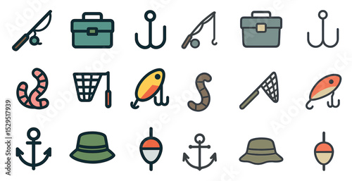 Fishing and outdoors icons set – flat, line, angling and bait symbols