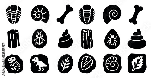 Fossil and prehistoric silhouette icons set – ancient, archeology, natural history symbols