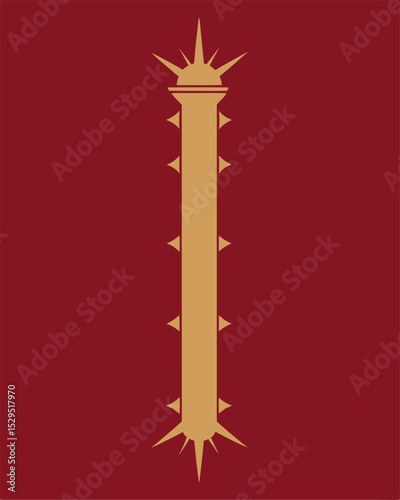 Golden spiked mace illustration on crimson background for historical or fantasy design