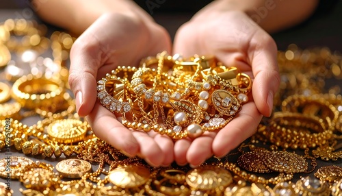 Womans Hands Holding Gold Jewelry.