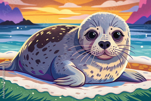 baby seal peacefully lying on frozen shore ice ideal for arctic wildlife, nature conservation, and winter-themed creative visuals