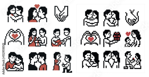 Romantic couple pixel art icons set – love, valentine, relationship symbols