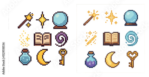 Magic and fantasy icons set – pixel art, enchanted, mystical symbols collection