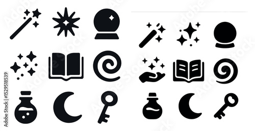 Magic and fantasy solid icons set – silhouette, mystical, enchanted symbols
