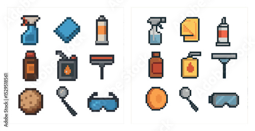 Cleaning supplies pixel art icons set – isometric, digital, housekeeping tools