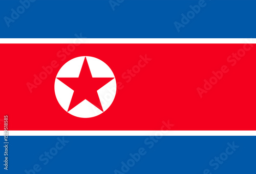 National flag of North Korea. Red central stripe bordered by blue and white lines, with a white circle and red five pointed star.