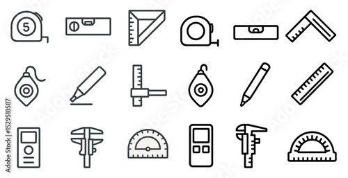 Measurement and tool outline icons set – linear, precise, scale and accuracy symbols