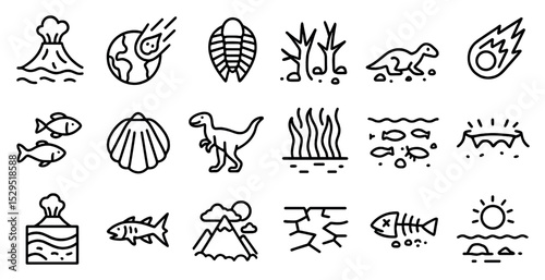 Prehistoric and extinct species outline icons set – line, silhouette, ancient life symbols