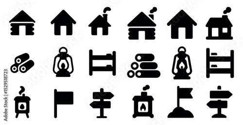 Rustic cabin silhouette icons set – solid, lodge, wilderness, camping symbols