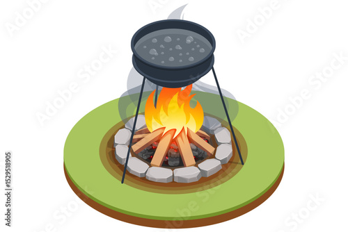 Isometric crackling campfire with glowing embers, flickering flames dancing around arranged logs, casting warm light and gentle smoke into the night air, evoking coziness and outdoor adventure.