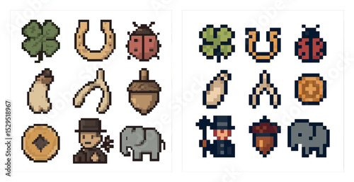 Good luck pixel art icons set – retro, 8-bit, fortune and charm symbols