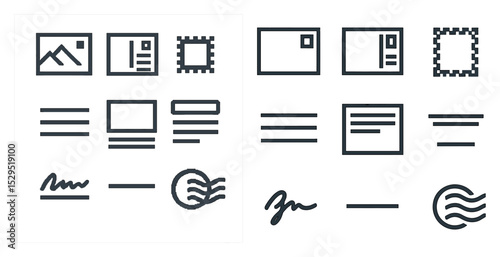 Postal and mail outline icons set – linear, flat, envelope and stamp symbols
