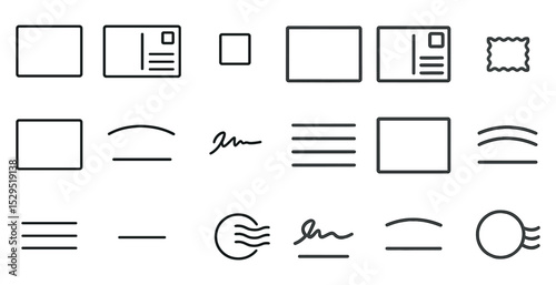 Postcard and mail outline icons set – silhouette, postal, letter and correspondence symbols