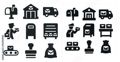 Mail and courier silhouette icons set – solid, filled, postal and delivery symbols