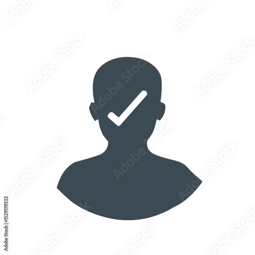 Silhouette with checkmark over face, simple flat style, represents success, approval