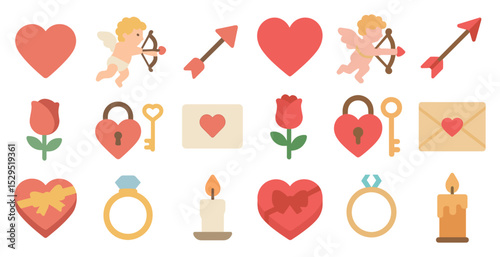Valentine's day filled icons set – romantic, heart, love symbols collection