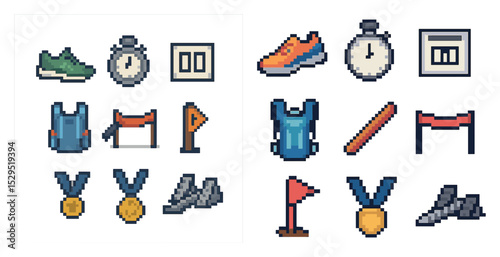 Sports and fitness pixel art icons set – workout, exercise, gym symbols